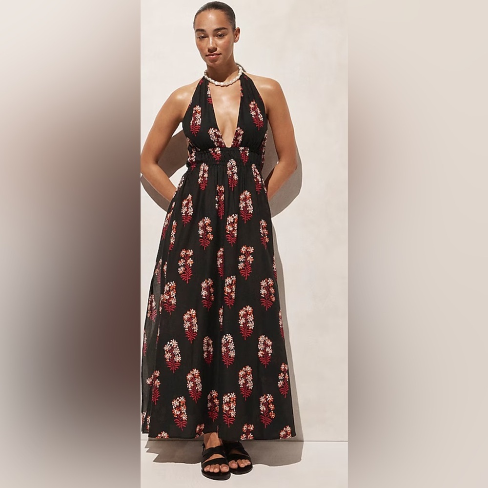 NWT JCrew Halter maxi dress in cocoa block print cotton voile - Picture 2 of 4